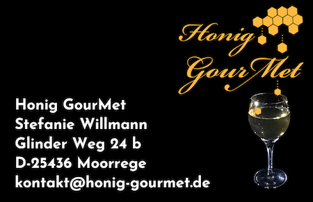 Visitenkarten Honig Gourmet Stefanie Willmann Glinder Weg 24 b D-25436 Moorrege kontakt(at)honig-gourmet(dot)de